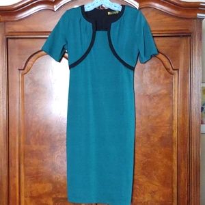 Green and black dress, knee length, form fitting, size S
